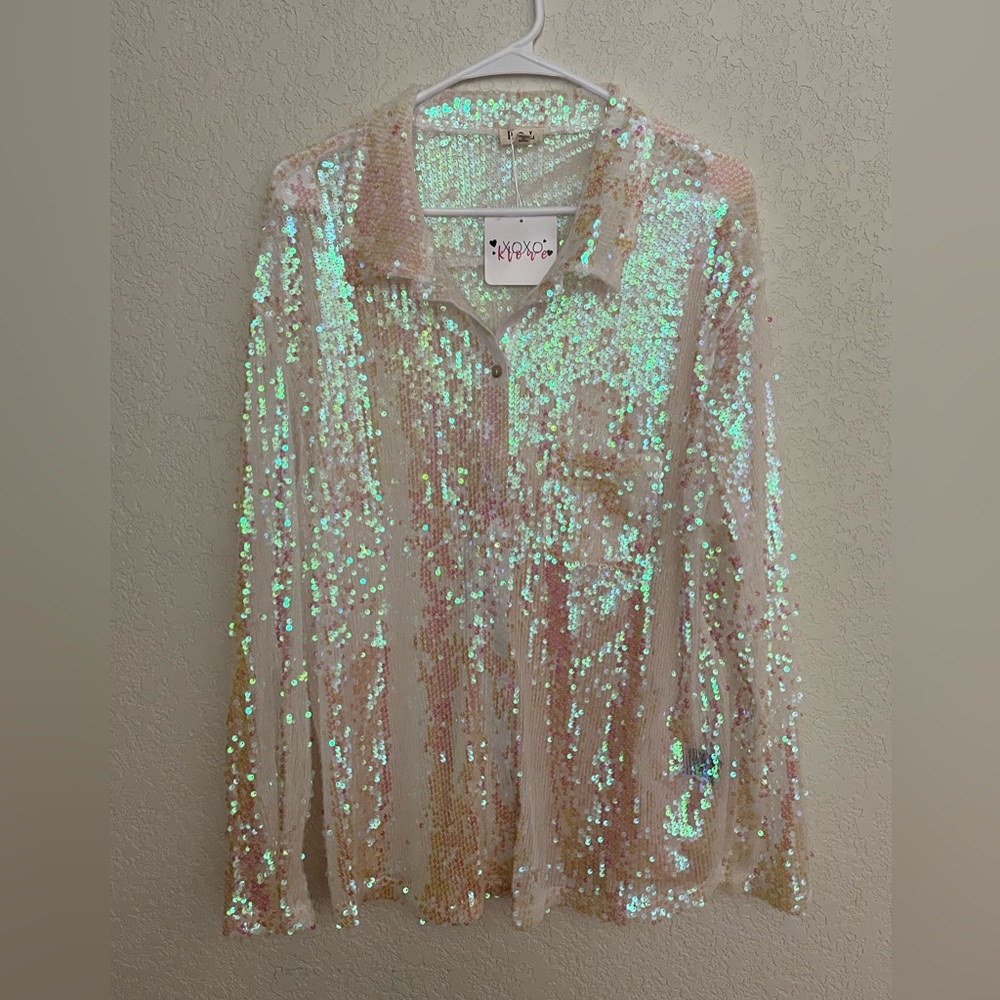 Iridescent Sequin Oversized Button Up Shirt NWT